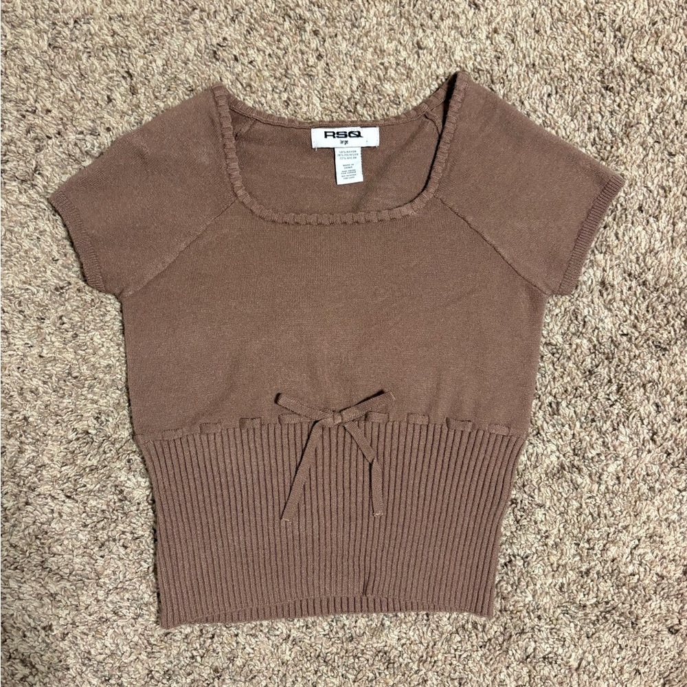 RSQ Brown Ribbed Crop Blouse with Tie Front